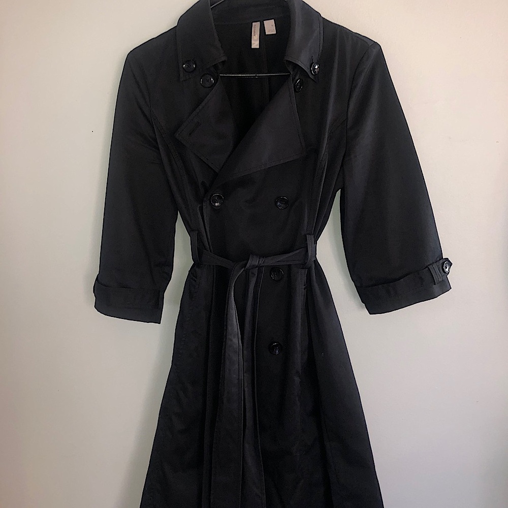 Women Black Quarter-Sleeve Trench Coat